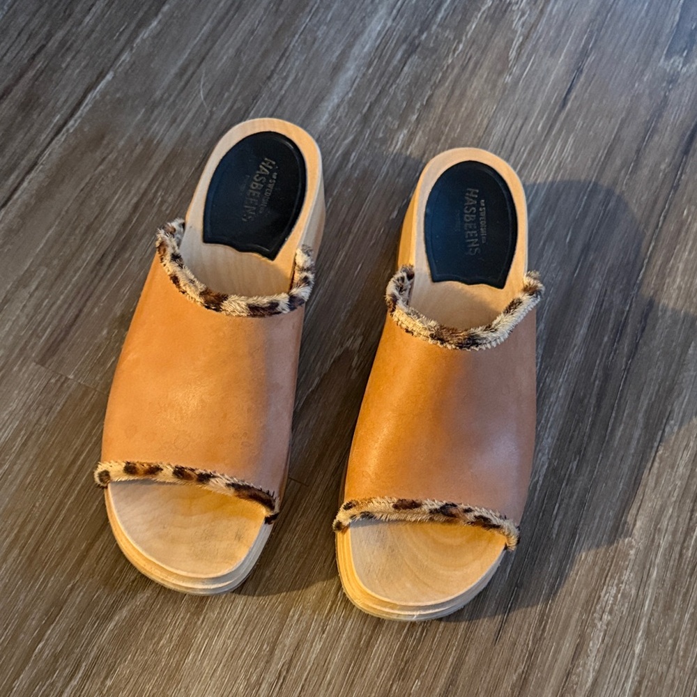 Swedish Hasbeens Tan Leather Mules with Animal Print Trim